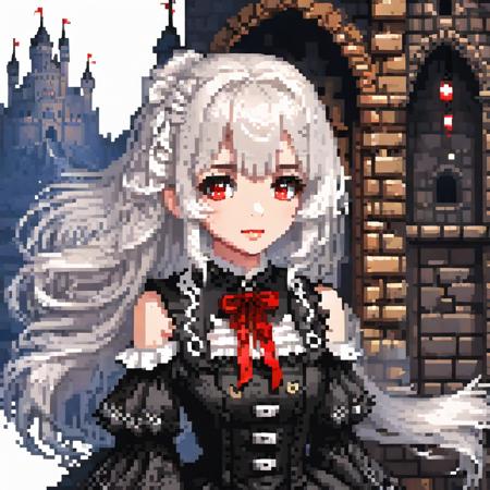 pixel art,
((masterpiece))),(((best quality))),((ultra-detailed)),(illustration),(dynamic angle),night,
((floating)),(paint),((disheveled hair)),
(solo),(1girl),small breast,(((detailed anima face))),((beautiful detailed face)),collar,(((gothic, lolita_fashion, gothic_lolita))),
((white hair)),((streaked hair)),
beautiful detailed eyes,(red eyes),
(((detailed castle))),(((high saturation))),((best shadow)),((night,red moon,blood on face,blood on cloths,splash blood)),arms behind back,