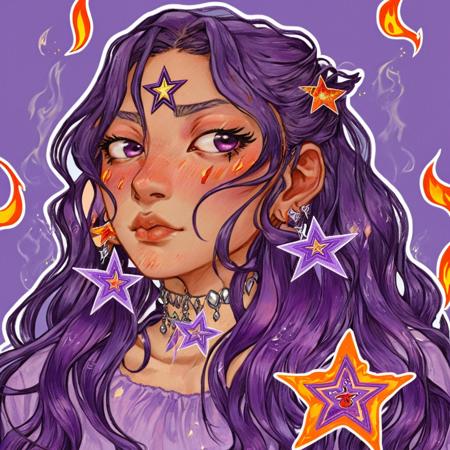 1girl, sm0k, earrings, star (symbol), upper body, flames, ornaments, soft lavender, eyes open, long dark hair, hair clips, dark skin