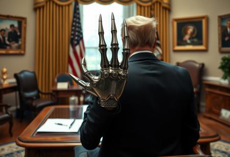 doctor claw in sharp suit inside the oval office, real photograph, inspector gadget style, photorealistic, correct hands, correct fingers, presidential seal, vote button, campaign photo, election, elegant scene, facing away, sitting, metal arm, spikes