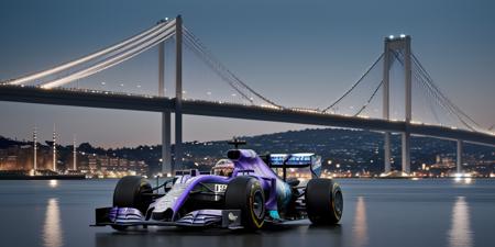 Formula 1 vehicles racing across the Istanbul Bosphorus Bridge, seen through the lens of Miki Asai-style macro photography, capturing intricate gears and textures, sharp focus on the reflection of the water, studio photo ambiance, intricate vehicle details, highly detailed as if painted by Greg Rutkowski, trending on ArtStation, with a hyper-detailed macro perspective, vivid colors, ultra-realistic.
