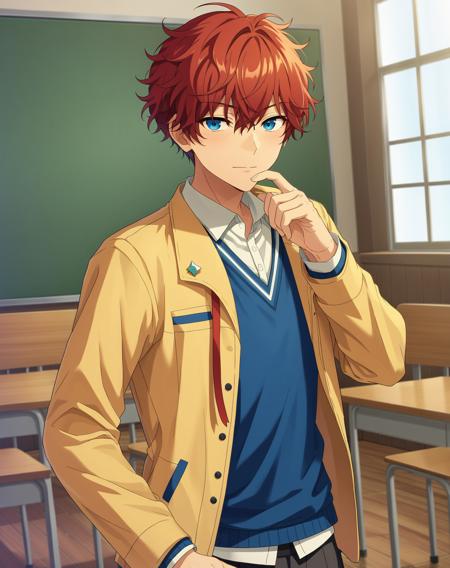 amagi hiiro,  blue eyes, red hair, curly hair, short hair, bangs, hair between eyes, single earring,