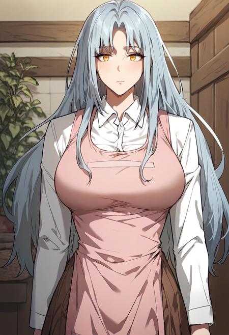 long hair, grey hair, yellow eyes, parted bangs, light blue hair white shirt, collared shirt, long sleeves, pink apron, brown skirt white dress, yellow skirt, off-shoulder dress, yellow frills, frilled dress, strapless