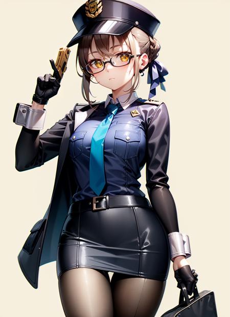 1girl, police, police uniform, pantyhose, uniform, policewoman, skirt, solo, glasses, necktie, gloves, hat, blue shirt, shirt, weapon, looking at viewer, white gloves, yellow background, black pantyhose, belt, police hat, pencil skirt, short sleeves, breasts, twin braids, simple background, handcuffs, gun, cuffs, blue skirt, twintails, medium breasts, holding, pocket, miniskirt, bag, collared shirt, black skirt, black-framed eyewear, handgun, blue headwear, arm up, alternate costume, light brown hair, blue necktie, shirt tucked in, closed mouth
<lora:FGOMHXAV2:0.7>