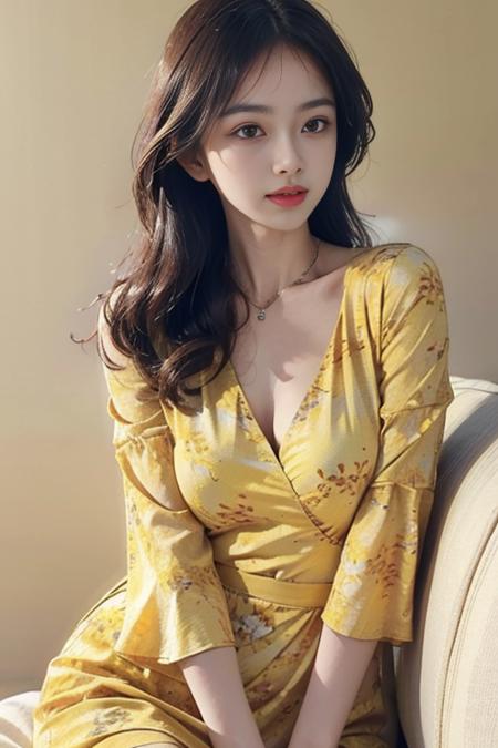 yellow_lure_dress, 8k, cute,(realistic:1.1), (photorealistic:1.1), (masterpiece:1.1), (best quality:1.1), RAW photo, highres, ultra detailed, High detail RAW color photo,professional photograph,masterpiece, best quality,realistic,realskin,1girl,low_key,solo,nighttime,lighting,long hair,(sitting on the sofa),sexy,charming,
beautiful detailed eyes,natural lighting,beach,sunset,(nose blush)
(detailed face:1.2),extremely beautiful face,cute, beautiful eyes,<lora:yellowLureDress:0.75> ,  <lora:nwsjmajic:0.75>