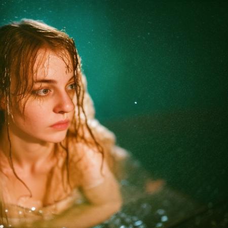 Portrait of a young woman at night wearing a (soaking wet dress), longing expression, runny eyeliner, messy hair, film grain