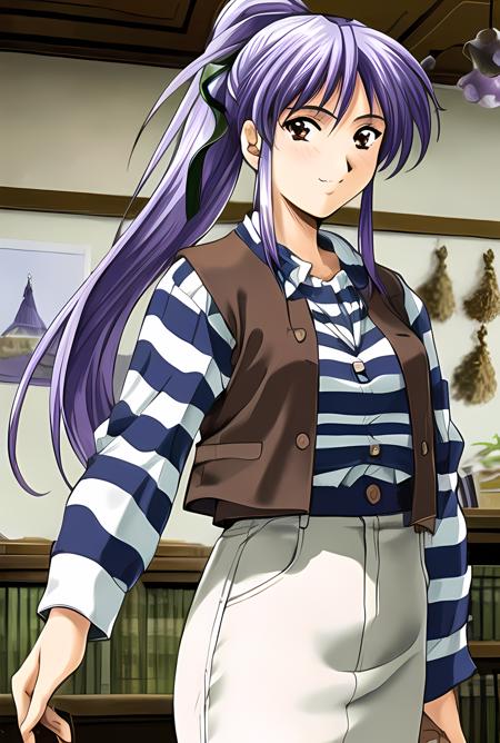 <lora:takabe:0.8>,takabe,1girl,masterpiece,best quality,super fine illustration,smile,striped_shirt,pencil_skirt,vest,