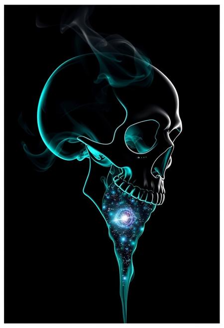 Skull, black background, slhouette black and white outline, skull made of smoke, neon teal_flames, pov sideview, smoke rises from back of skull, skull mouth open, jaw open, pouring out Galaxy in a liquid form, Galaxy waterfall from open mouth of skull