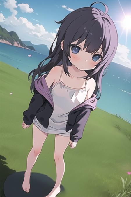 1girl, solo, long_hair, blush,  hood, full body, flat chest,eyebrows_visible_through_hair, off_shoulder, black_hair, ahoge, bangs, collarbone, camisole, hooded_jacket, closed_mouth,lens flare,dramatic,coastal,flying petal,flowery field,sky,sun,field,gingerbread house,masterpiece,best quality,standing,barefoot,leaning forward,breasts out,one breast out