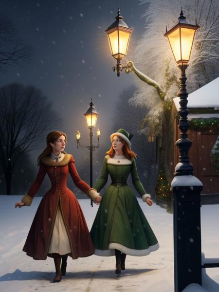 2 women in Victorian Garb, Kate_McFey,Lauren_LaForge, stepping out the back of a wooden wardrobe into the world of Narnia, snowing, gaslight lamppost in the ground, Aslan the lion,  Christmas