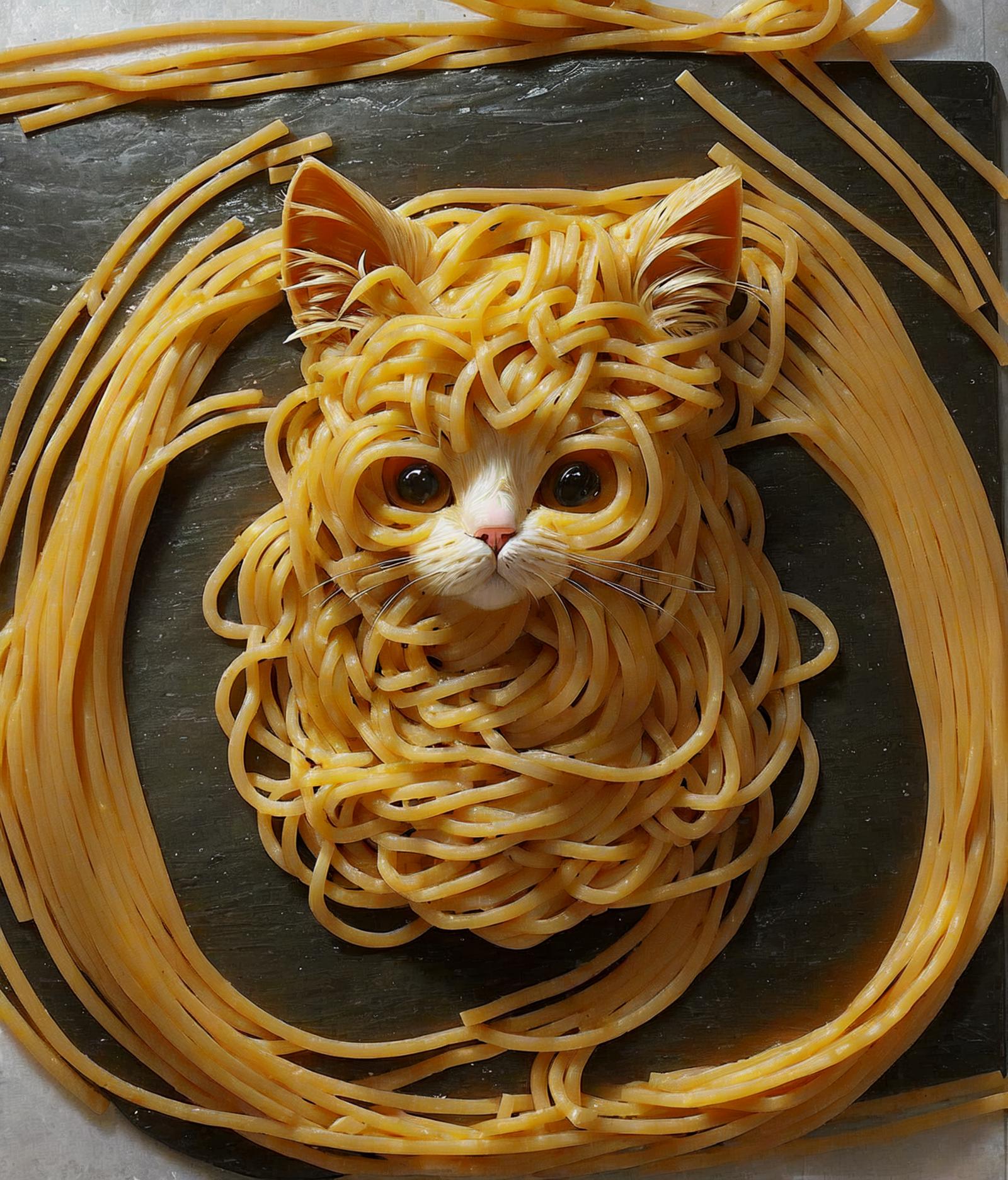 A creative and playful presentation of noodles and a cat.