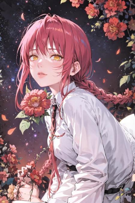 1girl, bangs, braid, braided ponytail, flower, lily \(flower\), long hair, looking at viewer, makima \(chainsaw man\), necktie, night, night sky, pink flower, red hair, sky, solo, star \(sky\), starry sky, white flower, yellow eyes <lora:makimav1:0.6>