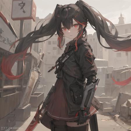 <lora:Lucia-3:0.5>, 1girl, masterpiece, highest quality, best quality, , highly detailed, best illustration, glowing hair, ray tracing, semi realistic, Lucia, black hair, red eyes, multicolored hair, twintails, leaning forward, standing, looking at viewer, holding weapon, sword, mechanical arms