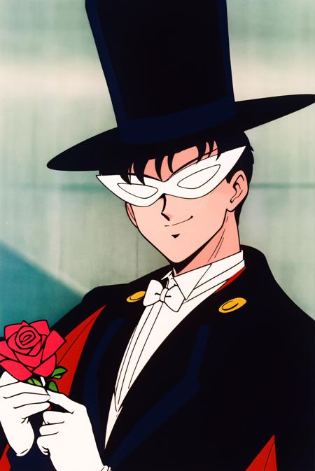 Tuxedo Mask, 1boy, male focus, solo, top hat, mask, hat, retro artstyle, bow, open mouth, bowtie, black hair, formal,suit,upper body