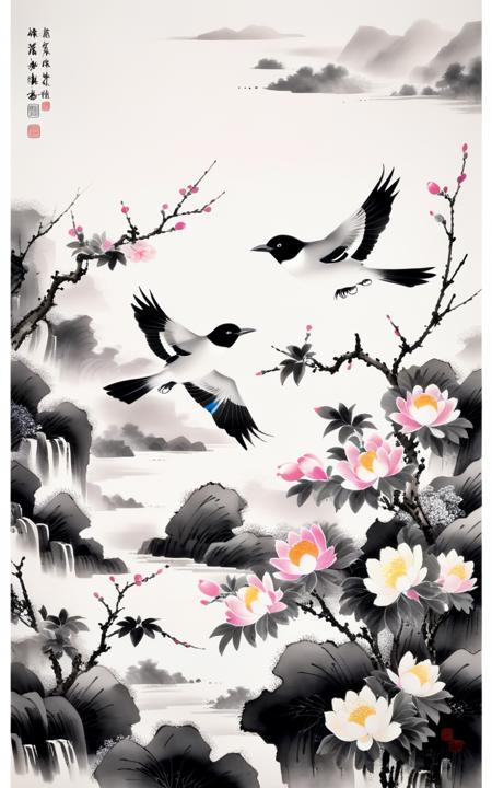 traditional chinese ink painting,black and white ink painting,<lora:GuFengXLLora:0.5>,
bird,Flowers,((Ink)),colorful,ï¼monochromeï¼,ink dyeing,simple background,dynamic angle