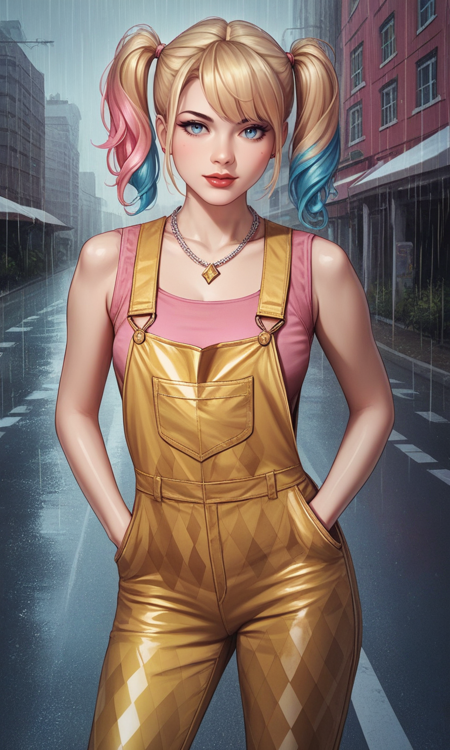 1woman,blue eyes,twintails,multicolored hair,blonde hair,pink hair,blue hair,pink crop top,necklace,yellow gold overalls, gradient hair,argyle overalls