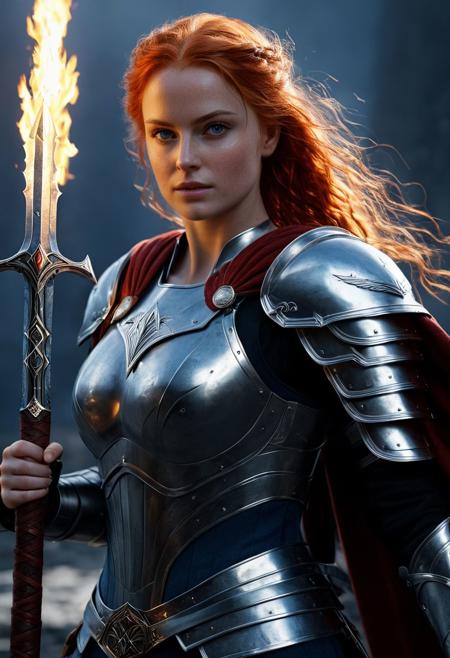 Valkyrie standing with flaming sword, 1girl, Eastern European, goddess, red hair, light fair skin, light complexion, dark blue eyes, black pupils, medium breasts, petite, 21 year old, exquisite beauty, soft youthful ethereal features, radiant, soft physique, wings, ultra HD, 8k, best quality, super complex details, hyper detailed, expressive, award winning, (ultra realistic), textured skin, sharp focus, Cinematic Lighting, photo realistic, 4k, natural, global illumination, Cinematic, symmetrical face, full body focus