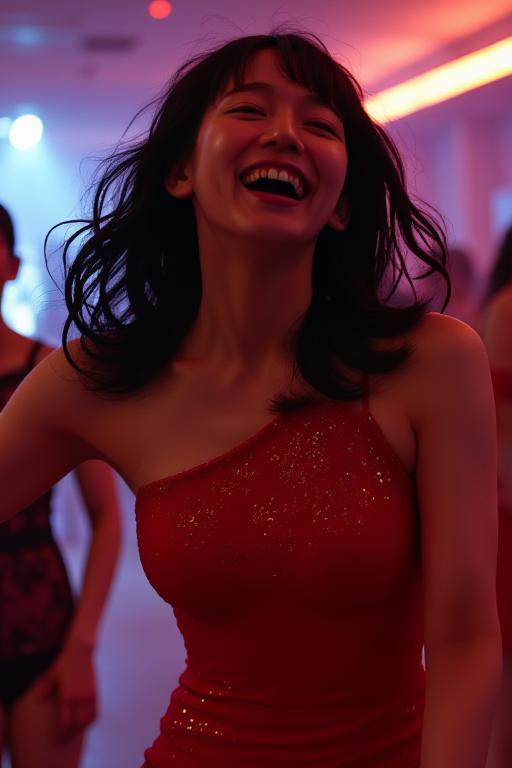 one woman, young adult, dancing, focus on upper body, low angle, bodycon dress, long curly black hair, ecstatic expression, closed eyes, nightclub scene, blurry neon lights, dance floor, other dancers, nighttime, professional lighting, attractive face, detailed facial features, (sparkly dress fabric:1.2), (dynamic dance pose:1.1), illustration style, (form-fitting red dress:1.1), (sparkly makeup:1.1),Riho Yoshioka 2015 FLUX.1 D <lora:Riho_Yoshioka_2015__FLUX.1_D:1>