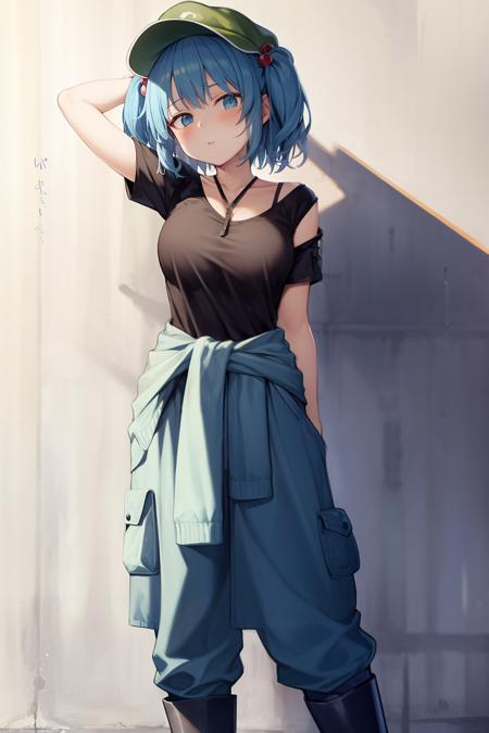 masterpiece, best quality,  <lora:nitori:1>,1girl, solo, kawashiro nitori, two side up, blue eyes, blue hair, hat, hair ornament, clothes around waist, hair bobbles, strap slip, jacket around waist, tank top, short hair, pants, boots, breasts, squiggle, bare shoulders, arm behind head, blush, cleavage, looking at viewer, alternate costume, rubber boots, hand in pocket, medium breasts, off shoulder, arm up