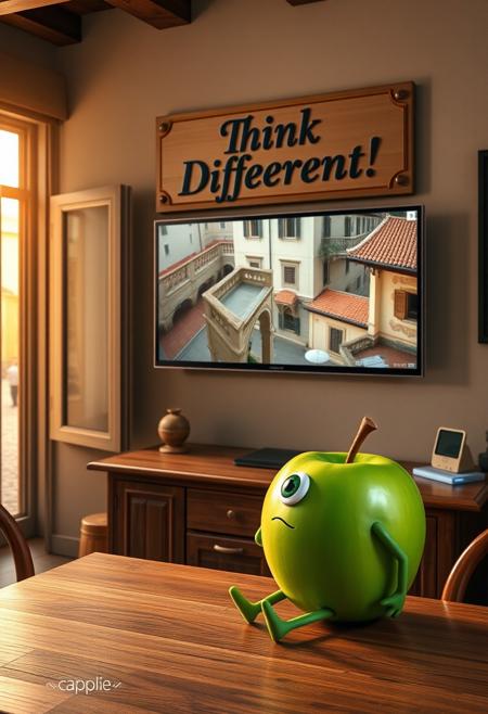 "In a cozy Italian apartment, an anthropomorphic green apple with expressive features—eyes, arms, and legs—sits on a rustic wooden table, watching a large TV on the wall. Golden sunlight filters through an open window, revealing an old piazza with cobblestone streets and terracotta rooftops. On the screen, an Apple computer commercial plays, showcasing sleek designs and vivid colors.
The green apple leans forward, captivated, its eyes wide with curiosity. A beautifully crafted cardboard sign hangs above the TV, boldly reading 'Think Different!' in elegant, Renaissance-inspired typography. The sign’s intricate details blend old-world craftsmanship with modern flair.
The room combines traditional and contemporary Italian aesthetics: exposed brick, wooden beams, and modern decor. Soft light from the TV illuminates the apple’s glossy green skin, as the scent of espresso drifts from the nearby kitchen, merging Italy’s timeless charm with high-tech innovation."