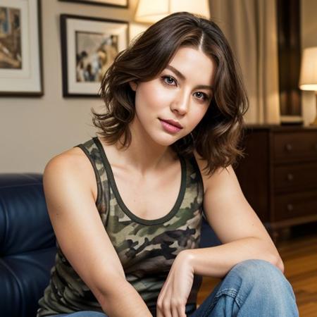 Ulla: Caucasian woman, late 30s, Nordic descent, 5'7", 125 pounds, ((light brown wavy hair)), fair skin, (rosy cheeks), hazel eyes, oval face, soft features, straight nose, ((lip piercing)), ((camo tank top)), jeans, sneakers, lean over, sitting in living room, K-pop posters, artificial lighting, low angle, relaxed, stylish. realistic, correct anatomy, masterpiece, sharp focus, best quality, depth of field, full body shoot