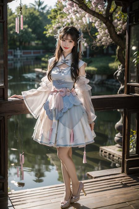  cyb dress, chinese clothes, detached collar, clothing cutout, wide sleeves, see-through sleeves, tassel