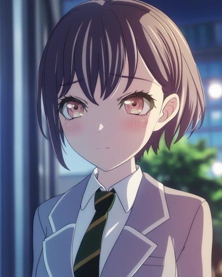 masterpiece, best quality,     <lora:ALL:1>,1girl, necktie, solo, school uniform, short hair, jacket, upper body, brown hair, blazer, outdoors, shirt, blush, brown eyes, bangs, white shirt, collared shirt, blurry, grey jacket, blurry background, striped, striped necktie, Takamatsu Tomori