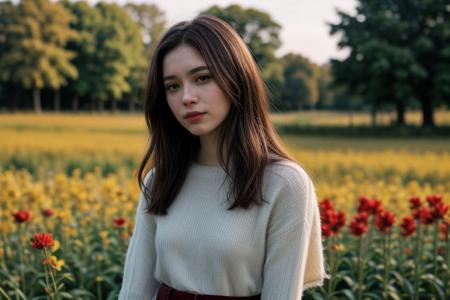 35mm film, one pretty european young woman, solo, supermodel, brown hair, long wavy hair, pale skin, slim eyebrows, no eyebags, perfect face, small nose, blue big eyes, symmetric thick red lips, big tits, nice breasts, cleavage, necklace, jewelry, blue elegant lace dress with a belt, looking at viewer, slightly smiling, a breath taking flower garden view, countryside landscape, offering panoramic views of majestic and sweeping flower blooming fields, cottage house, summer garden, summer house, natural light, full body, epiCPhoto, <lora:pytorch_lora_weights:0.5>, <lora:picxer_real:0.7>, <lora:FilmVelvia3:0.3>, <lora:more_details:0.6>
