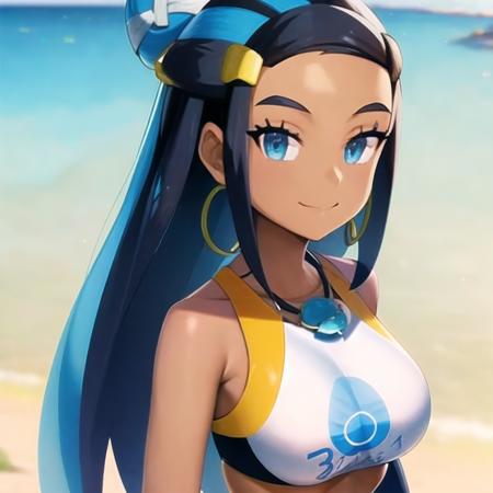 <lora:character_pokemon_nessa_v5:0.7> beach, 1girl, character_pokemon_nessa, solo, (portrait), looking at viewer, smile, closed mouth, bikini, hair bun, hair ornament, necklace, hoop earrings