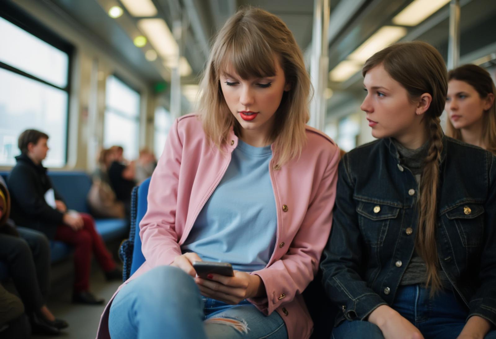 blurry photo on the train woman taylor swift wearing a light blue tshirt under a pink jacket ripped blue jeans looking on her iphone sitting with other people