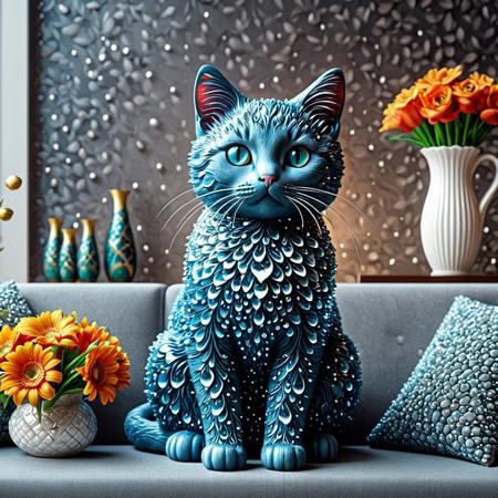 cat made of tearStyle2, indoor, beautiful background, vase, flower, couch, wall decoration, best quality, detailed image, 4k, 8k