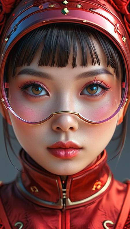 Close-up gorgeous ninja girl face , sexy, hot, cute, petite, (bangs:1.1), light tan, striking red large eyes, aligned eyes, mirror eyes, (half smile:1.1), striking large eyes,
(wearing very detailed Venetian Mask:1.1), small tender chin, pink hair,(double pink hair), round red glasses, transparent plastic armor,
BREAK,
very long lashes, trendy portrait,
tender Aesthetic nose, ears, puffy lips, sensual lips, detailed texture, detailed eyes, detailed skin, clean skin, red Traditional Chinese Clothing,
<lora:Someplastic_b:1>, (ultra sharp focus:1.8), (detailed skin:1.8), (thin lines:1.8), (best quality:1.8),
<lora:Apparatus_-_Traction_City_Walkers_Vehicles:0.7>,
<lora:add-detail-xl:0.7> (ultra sharp focus:1.8), (detailed skin:1.8), (thin lines:1.8), (best quality:1.8),
<lora:glowneon_xl_v1:0.8>