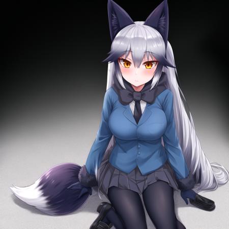 gingitsu, 1girl, solo, animal ears, fox ears, long hair, fox tail, silver hair, black pleated skirt, black gloves, black fur trim, black bowtie, pantyhose, black legwear, long sleeves, black necktie, black undershirt, hair between eyes, very long hair, fur-trimmed sleeves, fox girl, bangs, orange eyes, blue blazer, sidelocks, black loafers, black ears, black tail, white tipped tail, detailed shading, detailed ambient light