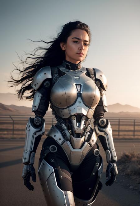 raw photograph, realistic photo of ((woman in a hulking hydraulic biomechanical exoskeleton armored robot)), (detailed face), sunset, sweaty, post-apocalyptic, long hair, cyberpunk,, photorealistic, photo, masterpiece, realistic, realism, photorealism, high contrast, photorealistic digital art trending on Artstation 8k HD high definition detailed realistic, detailed, skin texture, hyper detailed, realistic skin texture, armature, best quality, ultra high res, (photorealistic:1.4),, high resolution, detailed, raw photo, sharp re, by lee jeffries nikon d850 film stock photograph 4 kodak portra 400 camera f1.6 lens rich colors hyper realistic lifelike texture dramatic lighting unrealengine trending on artstation cinestill 800,