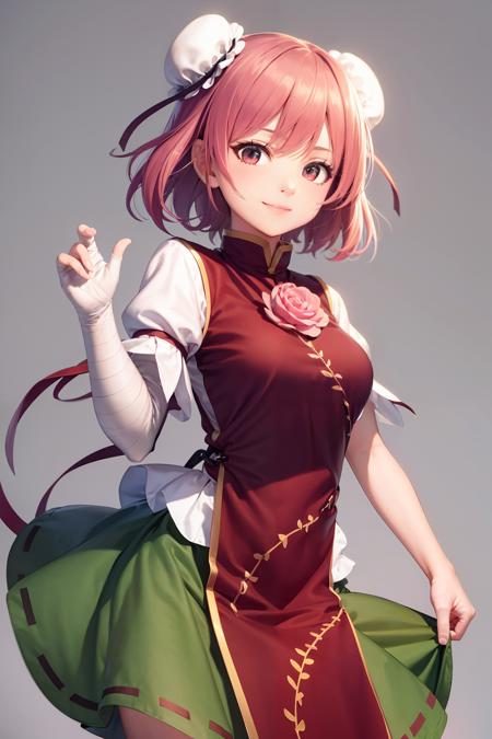 masterpiece, best quality, <lora:ibarakikasen:1>,ibaraki kasen, 1girl, solo, double bun,  pink hair,short hair,pink eyes, flower tabard,bandages arm,ribbon, green skirt,  short sleeves, puffy sleeves, chinese clothes, shackles, chain, shirt,grey background, smile,cowboy shot,