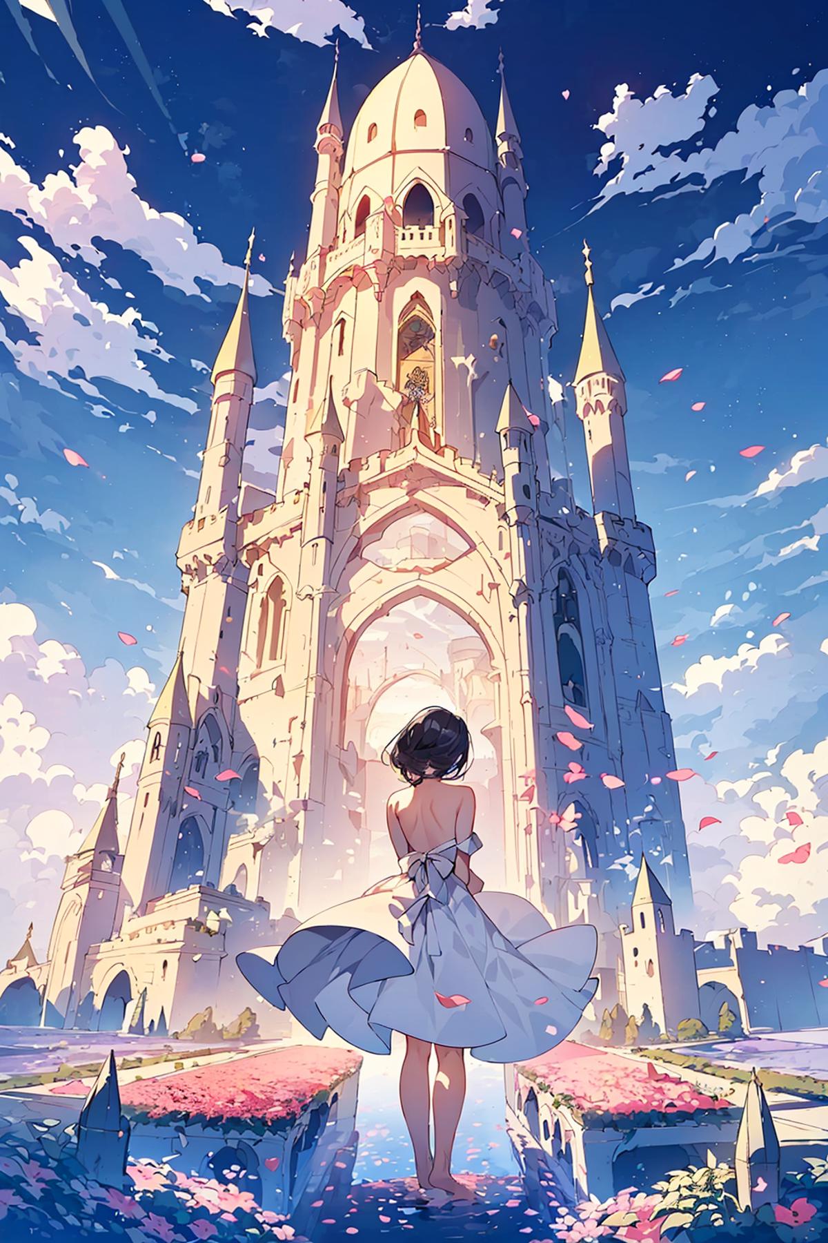 Artistic Anime Drawing of a Woman Standing in Front of a Majestic Castle