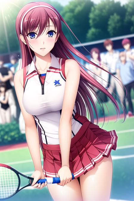 ((masterpiece, high quality, best quality)),
1girl, long hair, solo, tennis ball, flower, skirt, white skirt, red hair, shirt, very long hair, lens flare, holding, hairband, blurry background, blurry, blue flower, racket, sleeveless, shiny, tennis racket, pleated skirt, ball, shiny hair, standing, miniskirt, sleeveless shirt, tennis uniform, sportswear, white shirt, hair between eyes, outdoors, floating hair, bangs, collarbone, collared shirt, breasts, red hairband, closed mouth, day, depth of field, blue eyes, looking at viewer, dutch angle, cowboy shot, smile, medium breasts,
<lora:kk-style_v2.1:1>