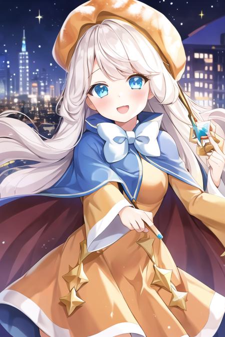 1girl, crkcreampuff, blue eyes, long hair, white hair, orange dress, blue cape, yellow headwear, wide sleeves, bow, bowtie, wand, (city:1.3), smile, blush <lora:creampuff_cookie:0.8>