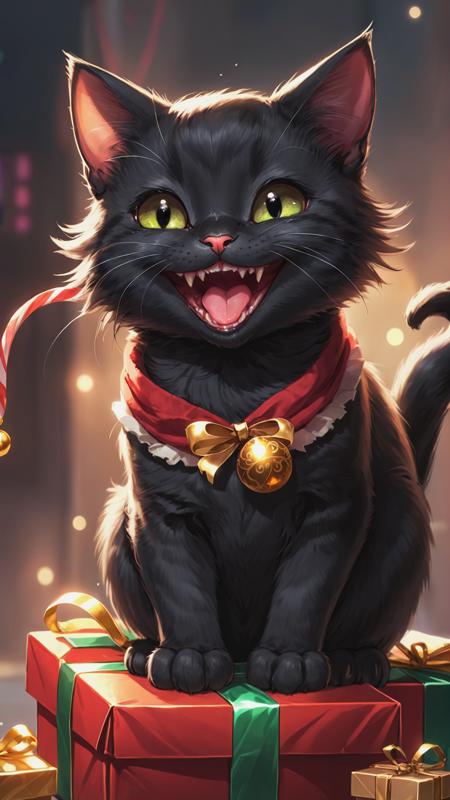 a black kitty, anime, Mesugaki Expression face, half-closed eyes, :3, grin, :3, mouth open, smile, tongue out, :D, holding presents, digital art, realistic painting, dnd, character design, trending on artstation