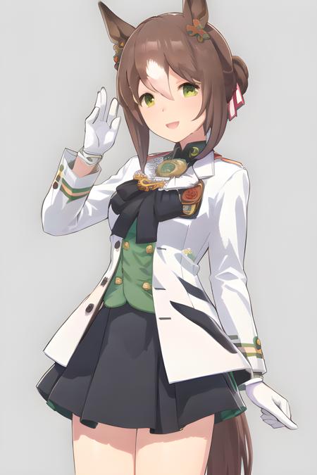 fine motion \(umamusume\), shoubufuku, white jacket, open clothes, black bow, button, green shirt, long sleeves, white gloves, black skirt, short hair, looking at viewer, smile