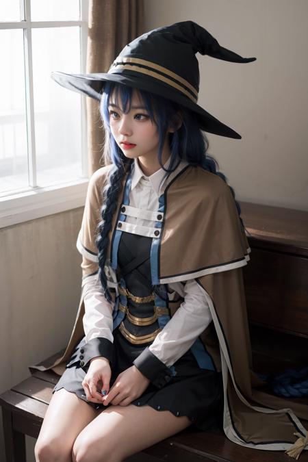 masterpiece, best quality, <lora:roxy:1>,1girl,witch hat,blue hair,very long hair,twin braid,hair ribbon,blue eyes,brown cape,long sleeves, black skirt