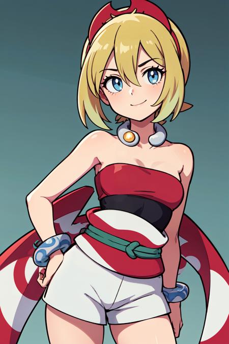 zzIrida, blonde hair, blue eyes, short hair, bangs, hair between eyes,  zzIrida, blonde hair, blue eyes, short hair, bangs, hair between eyes, red hairband, bracelet, neck ring, red shirt, sash, solo, strapless shirt, white shorts, waist cape, 