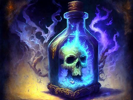 a glass bottle with a skull inside of it, painting of one health potion, lightning mage spell icon, fantasy game spell icon, world of warcraft spell icon, potion, crafting spells, alchemist library background, magic spell icon, potions, potion of healing, league of legends inventory item, making a potion, scratched vial, health potion, magic potions