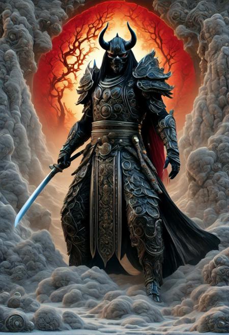 UHD, Photorealistic Contest Winner, Best Quality Image of a Massively tall and incredibly muscled Mysterious black demon with detailed black a and Samurai armor and a billowy blood red  cape, standing resolute in a defensive pose, with a Samurai Mask that shimmers and glows with an otherworldly aura  its surface comprised of intricate, magical, and colorful iridescent fractal stained glass, reminiscent of the dreamlike artistry of Roger Dean and the vibrant colors of Syd Mead, and a  engraved and gold filagreed black Katana, set against a dramatic, cinematic background with deep chiaroscuro contrasts, and rich subsurface scattering, evoking the fantastical, high-fantasy worlds of cover artist, Michael Whelan, in a bold, dynamic, and detailed digital art style with a mix of realism and fantasy elements