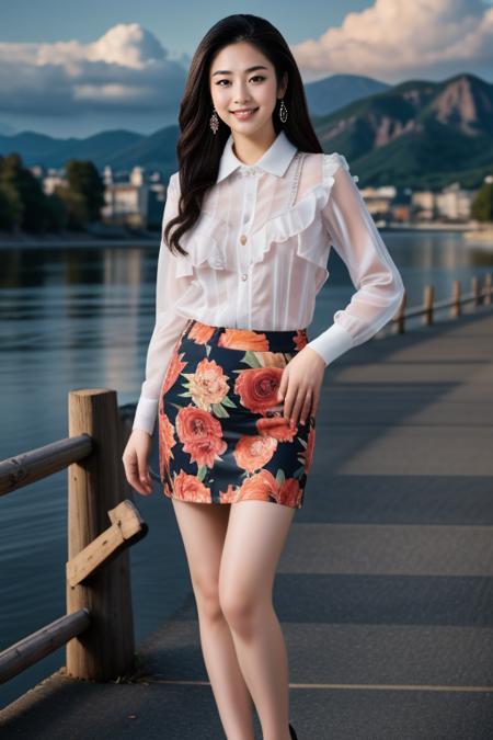 ((Masterpiece, best quality, cinematic lighting, 8k, full body shot, long hair)), (smile:0.85), (realistic scenic background)
<lora:Ruffled_Office_Dress_By_Stable_Yogi:1> ruffled shirt, floral print pencil skirt