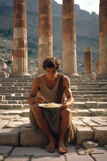 <lora:Director Yorgos Lanthimos style:1>Director Yorgos Lanthimos style - A cinematic scene directedPasolini with a greek young man, eating spaghetti at the Apollo temple in Delphi looking into the camera,ARRI ALEXA film camera, wide angle, filmgrain KODAK, super 16mm film, dramatic lights, very details skin, detailed arms, details dress, ultra resolution, highly detailed, ultra detailed face photographic, f1.2 85 mm, cinematic lights, high resolution textures,realistic, Photography, film,