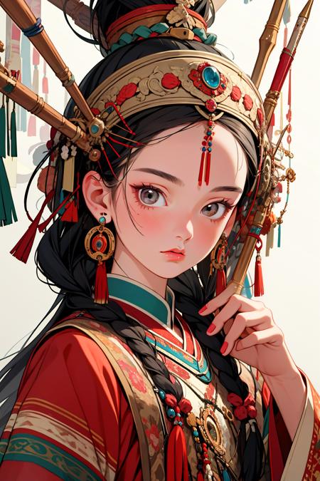 <lora:å½©é2:0.9>,mn,1girl,solo,looking at viewer,jewelry,black hair,braid,hair ornament,holding,multiple braids,earrings,closed mouth,long hair,headdress,brown eyes,hand up,upper body,tassel,beads,traditional clothes,portrait,hair stick,long sleeves,fingernails,arrow \(projectile\),gem,head tilt,headpiece,white background,