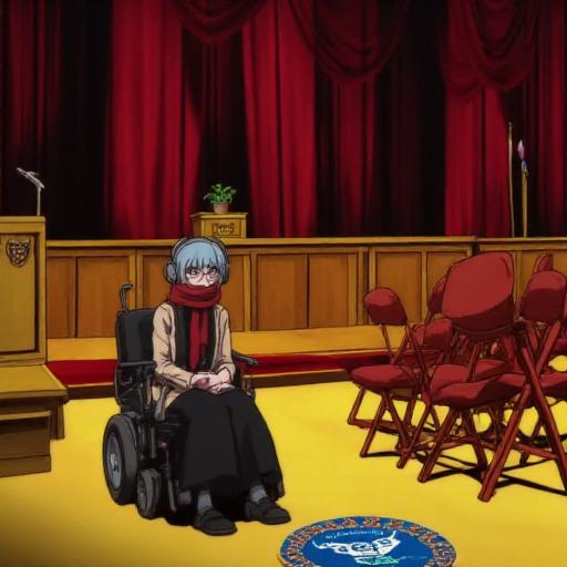 <lora:Flux-Ghibli_Style-000004:1.05> In the style of Ghibli studios anime. , <lora:Miaya_Gekkogahara_Flux:1>, The image is a screencap from the anime Danganronpa The Animation. Miaya Gekkogahara is sitting in her wheelchair. She is wearing a long dark red scarf over a white dress shirt. The scarf covers most but not all of her mouth. She is also wearing pale brown jacket a black vest and a black skirt. Miaya has her blue-grey hair held back by light grey headphones. Miaya Gekkogahara is within The main hall of Hope's Peak Academy. The stage features several red velvet curtains, a wooden podium with a microphone and Hope's Peak's crest and a flagpole. Behind the podium are rows of golden wood panels. A small potted plant sits on the top of the podium. Several folding red chairs line the floor in front of the stage. The floor is a bright yellow with a red carpet running down the center and a blue and white logo at the bottom of the image. The room is lit with a gentle warm light highlighting the stage and making the rest of the room appear rather dark. Miaya Gekkogahara interacts with the environment.