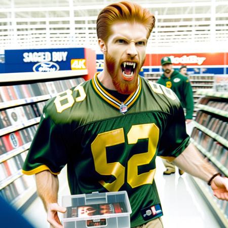 Vampyfangs1. a film still photo. 35mm. 4k. From a 2003 movie. A ginger haired beared vampire man wearing a Greenbay Packers Jersey and Khaki pants is showing off his fangs, he is walking around a Best Buy. Looking at a DVD case.
