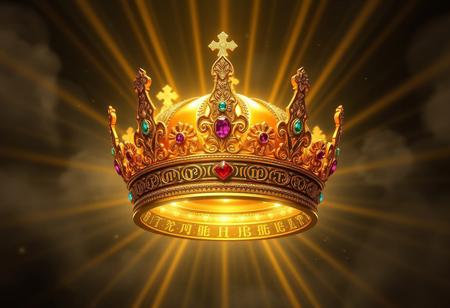 ancient golden crown, adorned with glowing gemstones, pulsating with forgotten power, intricate filigree designs across the surface, divine aura, soft glowing runes encircling the base, radiant energy emanating from within, soft magical light reflecting off polished gold, high resolution, photorealism, ((masterpiece)), floating in mid-air, surrounded by soft mist, cosmic stardust cascading from the crown, mysterious and regal, revered artifact, ancient and powerful, whispers of lost kings echoing in the air, golden beams of light extending from the crown