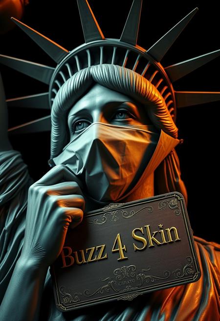 **Prompt:** A highly detailed and dramatic portrait of the Statue of Liberty, focusing on her face in a macro close-up. The Statue of Liberty is unwrapping a large, non-surgical face mask, revealing the intricate and realistic facial muscle structure beneath. The mask is partially peeled away, exposing tendons, muscles, and sinews in high detail. Around her neck, a luxurious and ornate cardboard sign hangs with the text "Buzz 4 Skin" elegantly embossed in gold lettering. The cardboard is richly decorated with intricate patterns and gilded edges, giving it an unexpectedly opulent appearance. The scene is lit with dramatic studio lighting, casting deep shadows and emphasizing the contrast between the statue's iconic metal surface and the raw, exposed anatomy. The overall atmosphere is dark and unsettling, with a creepy, almost dystopian vibe that contrasts sharply with the rich, decorative sign.